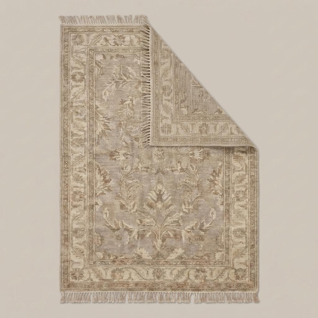 Hand Knotted Oushak Style Rug Neutral Beige Floral Vintage Wool Area Rug Living Room Handmade Persian Inspired Carpet 9x12 , 8x10