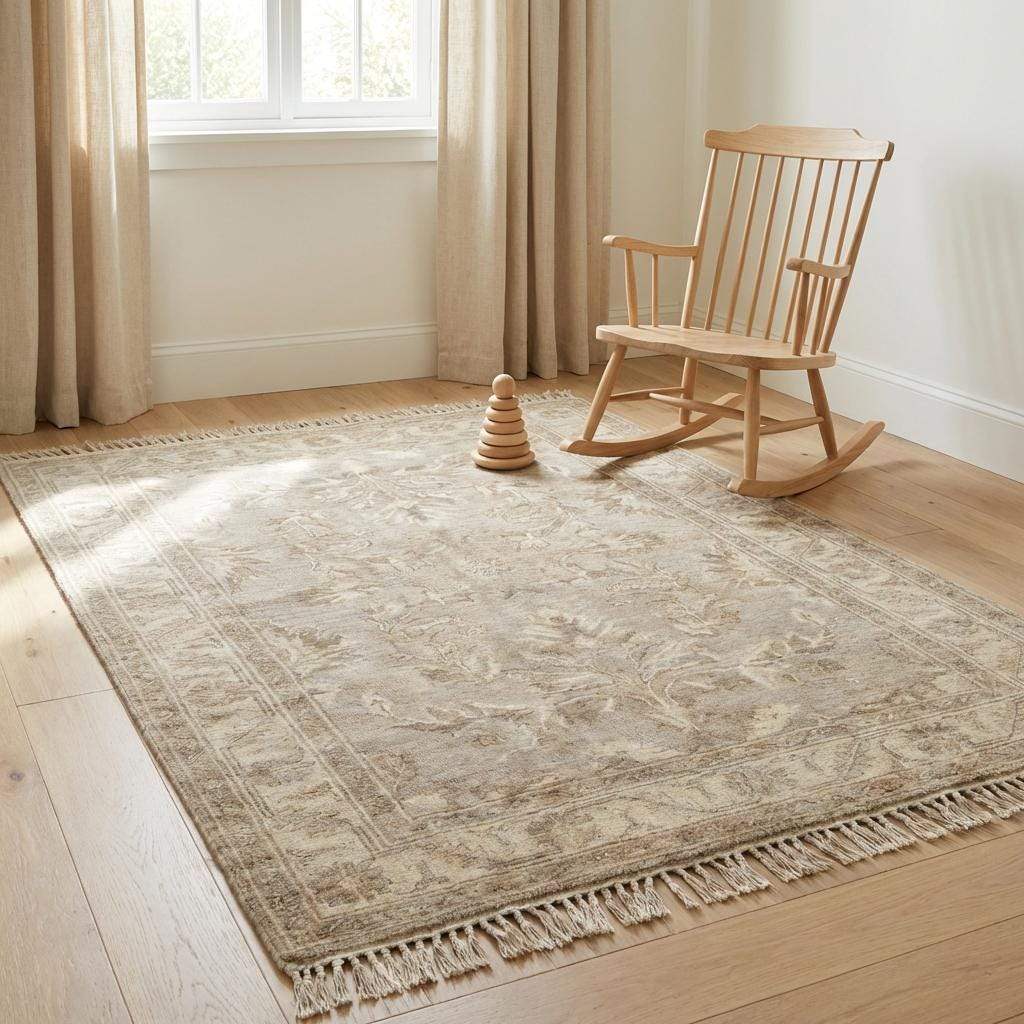 Hand Knotted Oushak Style Rug Neutral Beige Floral Vintage Wool Area Rug Living Room Handmade Persian Inspired Carpet 9x12 , 8x10