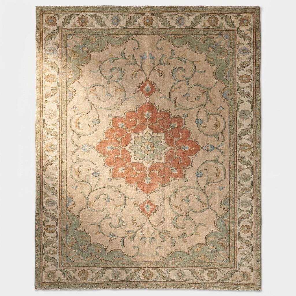Hand Knotted Oushak Style Wool Rug, Floral Medallion Area Carpet