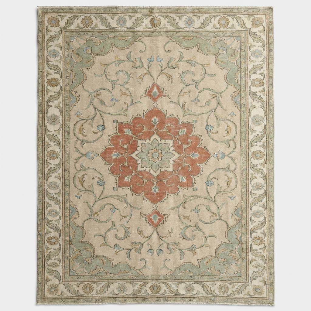 Traditional Persian inspired area rug with central medallion and floral vine border