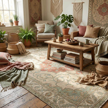 Ivory wool area rug with sage green and rust accents for classic living room décor