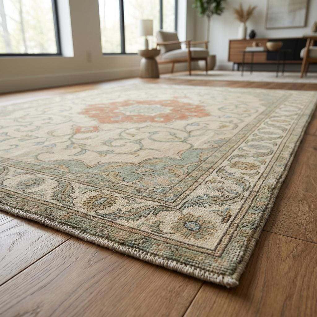 Artisan hand knotted wool carpet showcasing detailed floral pattern and soft pile texture