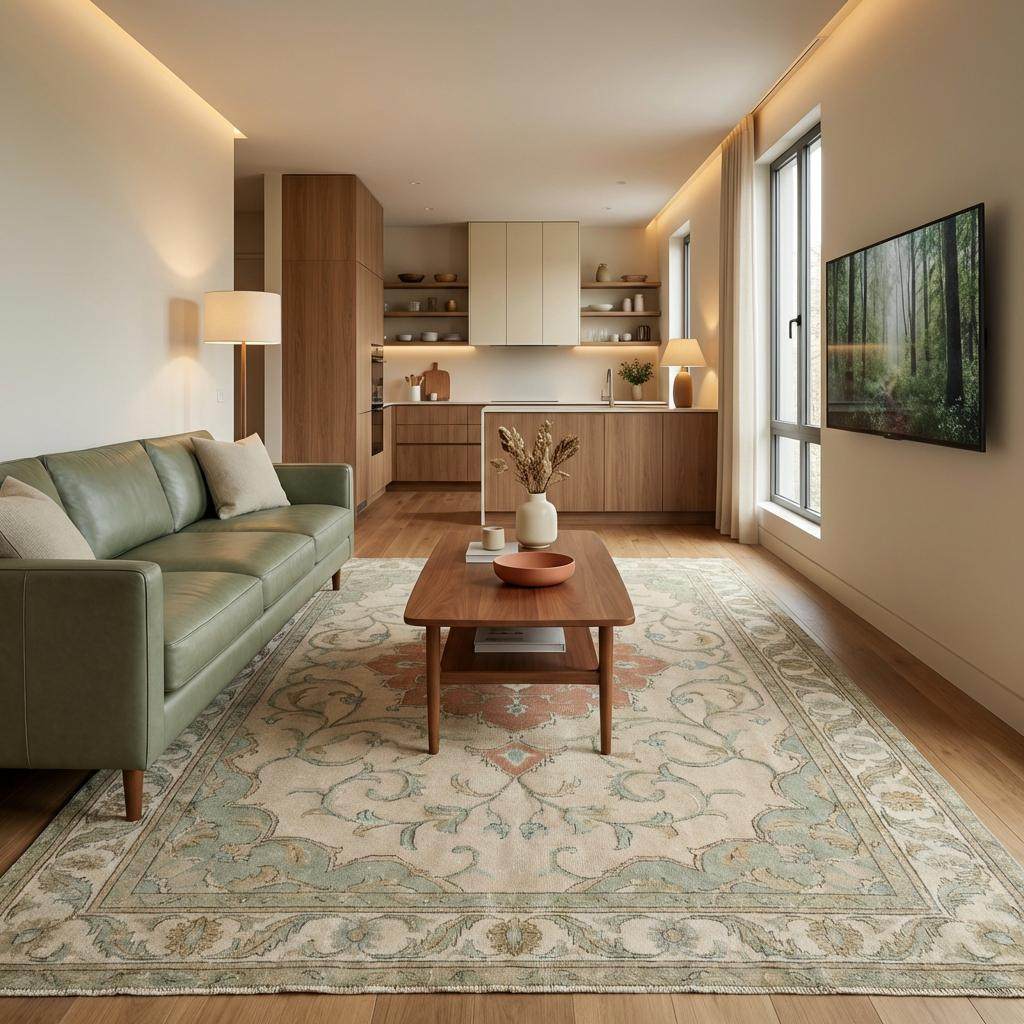 Elegant Oushak style rug styled on neutral floor highlighting handmade craftsmanship