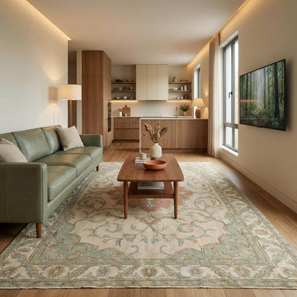 Elegant Oushak style rug styled on neutral floor highlighting handmade craftsmanship
