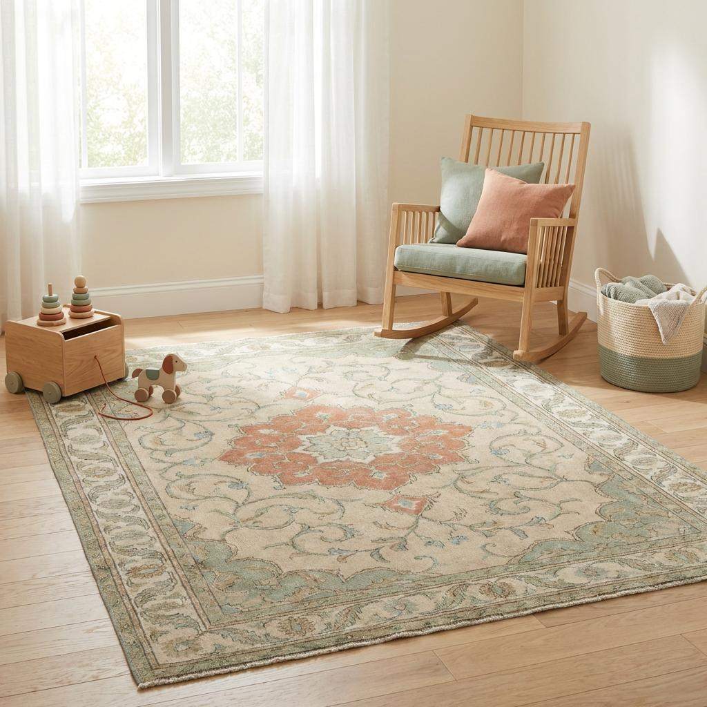 Hand Knotted Oushak Style Wool Rug, Floral Medallion Area Carpet