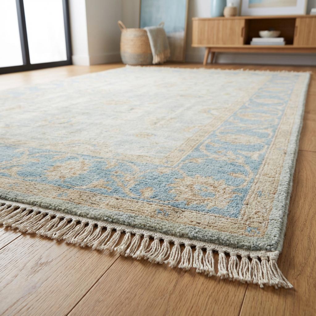 Hand knotted Oushak style wool rug with soft blue vintage floral design, 8x10 and 9x12 sizes