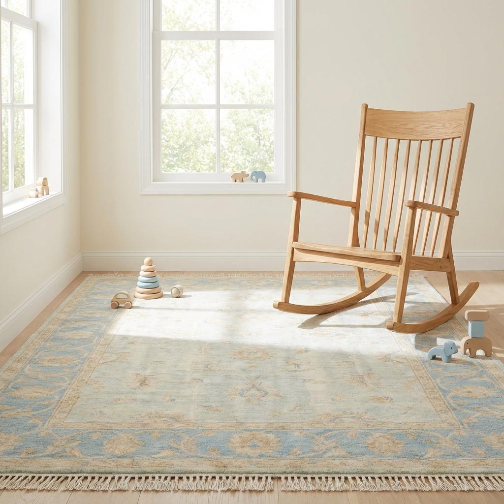 Hand knotted Oushak style wool rug in soft blue with vintage floral design, 8x10 and 9x12 area rug