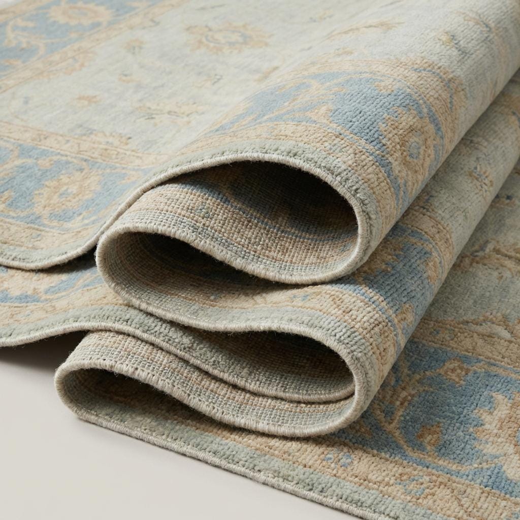 Hand knotted Oushak style wool rug in soft blue with vintage floral design, 8x10 and 9x12 options