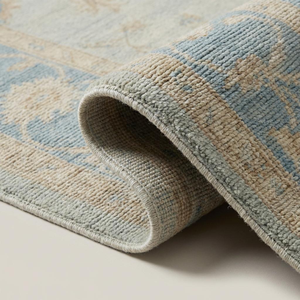 Hand knotted Oushak wool rug with soft blue floral vintage design, elegant 8x10 area rug