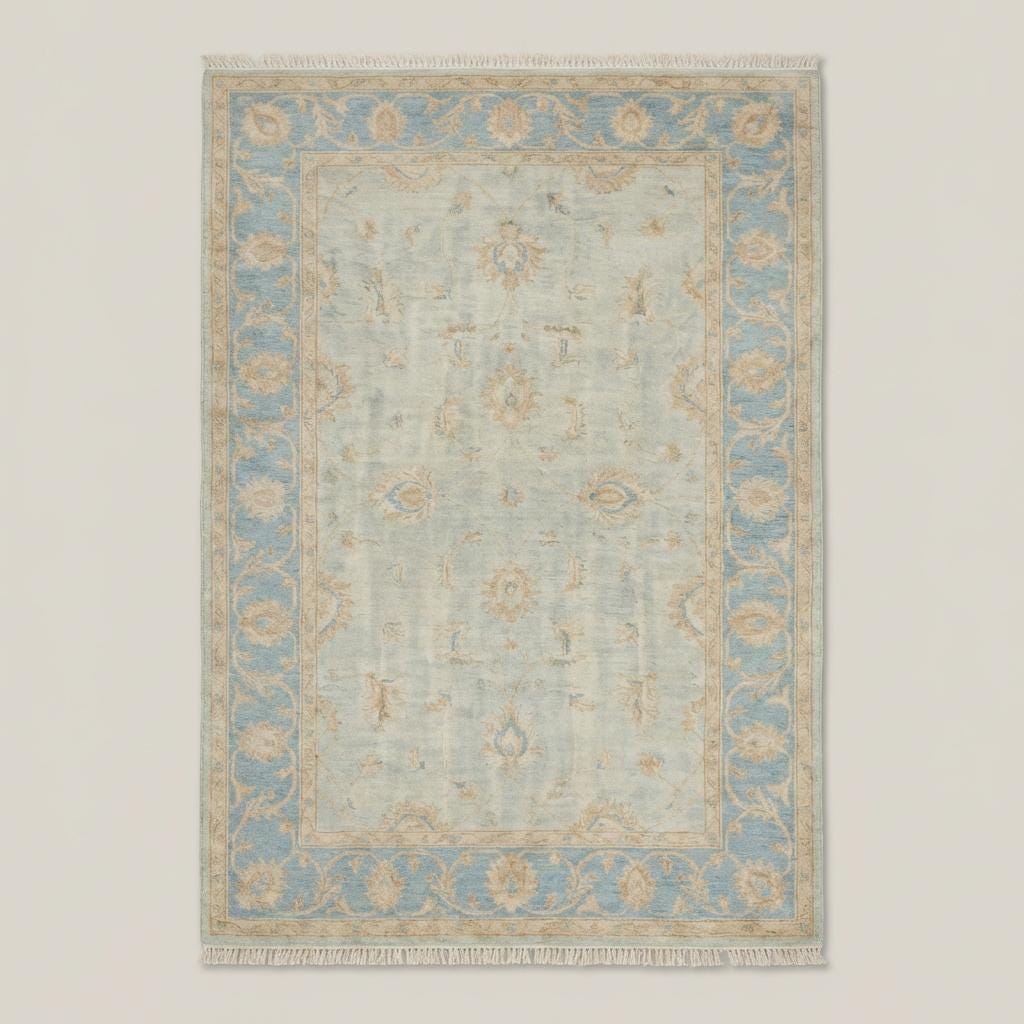 Hand knotted Oushak style wool rug with soft blue vintage floral design, 8x10, 9x12 size