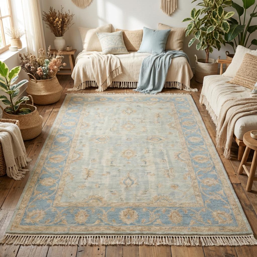 Hand knotted Oushak style wool rug in soft blue with vintage floral design, elegant and durable 8x10 area rug