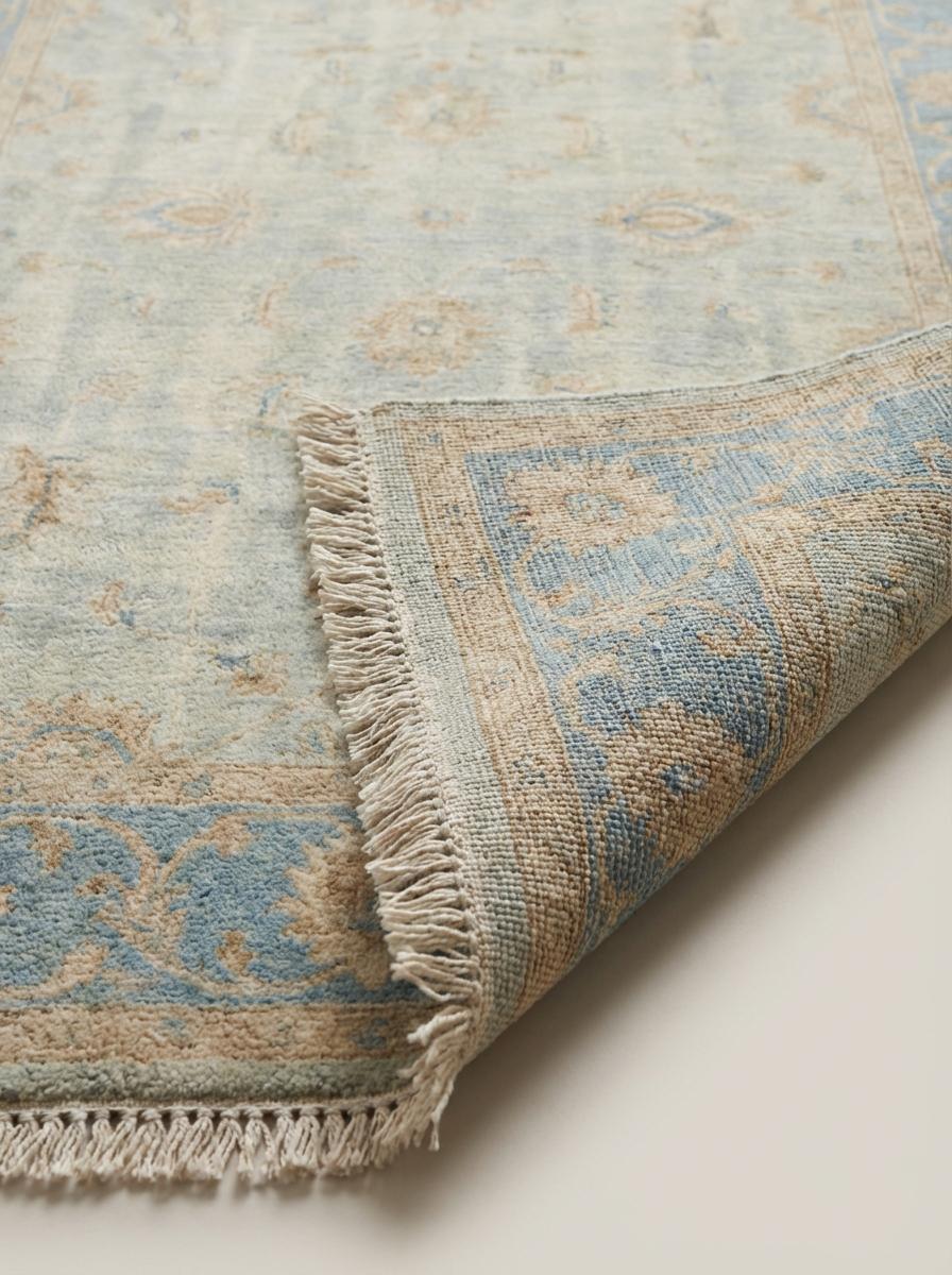 Hand knotted Oushak style wool rug with soft blue floral vintage design in 8x10 and 9x12 sizes