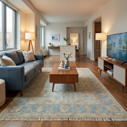 Hand knotted Oushak wool rug in soft blue with vintage floral design, elegant and durable area rug
