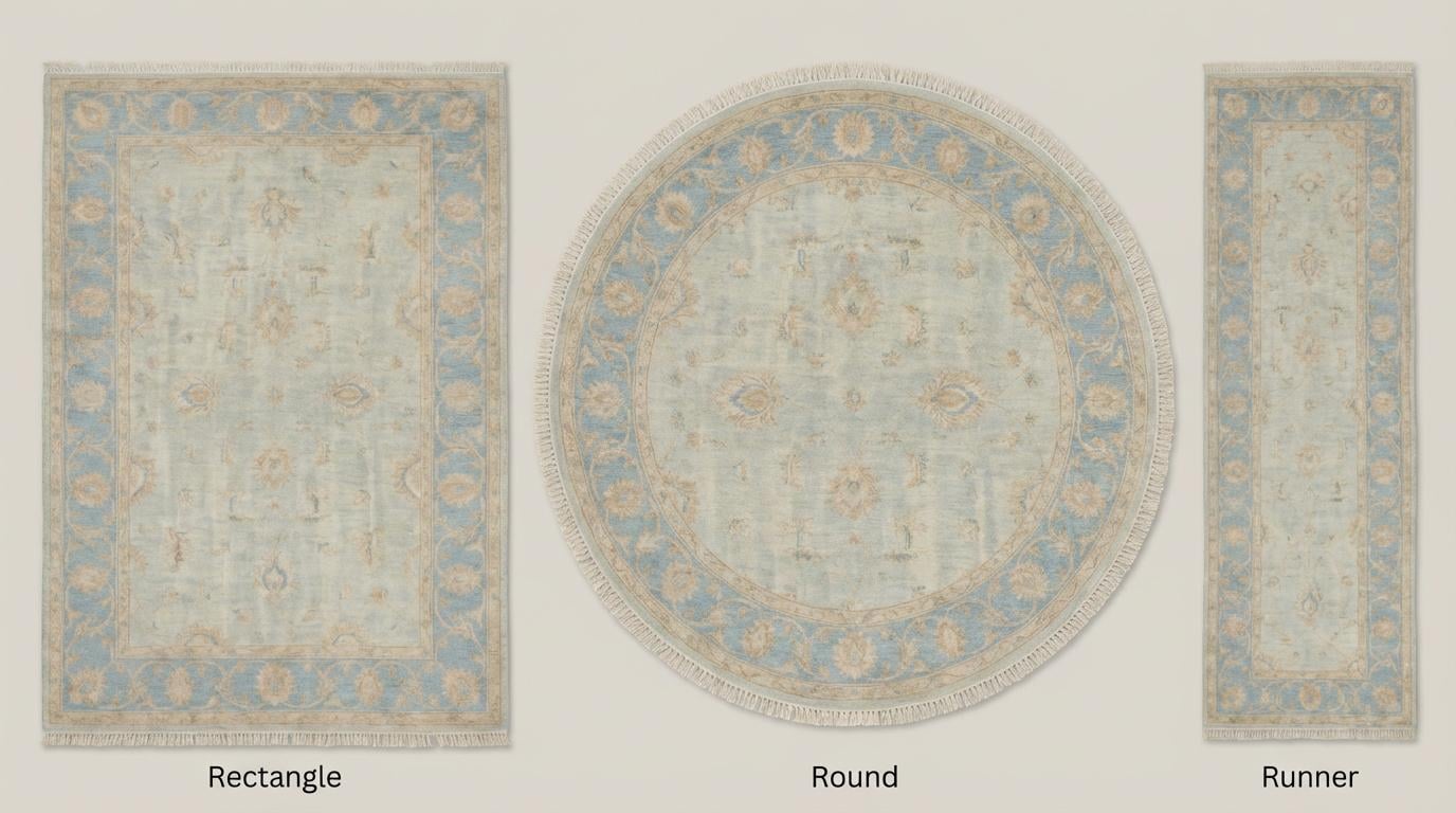 Hand knotted Oushak style wool rug in soft blue with vintage floral design, elegant and durable area rug for living rooms and bedrooms