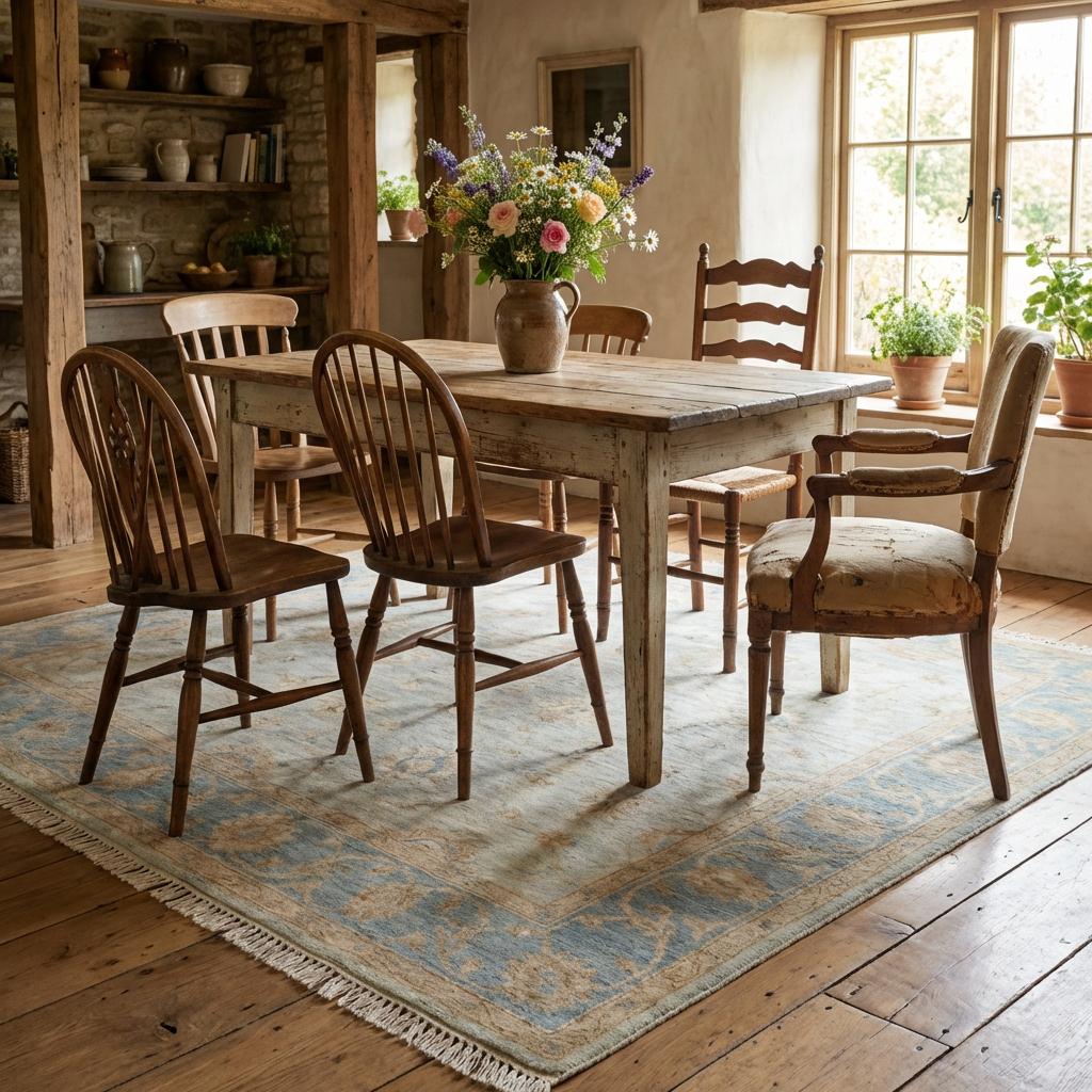 Hand knotted Oushak style wool rug in soft blue with vintage floral design, 8x10 and 9x12 sizes