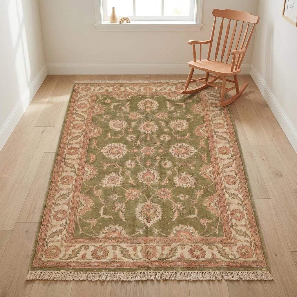 Hand Knotted Oushak Style Wool Rug 8x10, 12x14 Olive Green Floral Area Rug Vintage Indo-Persian Style Living Room Carpet __etsy:7806941952