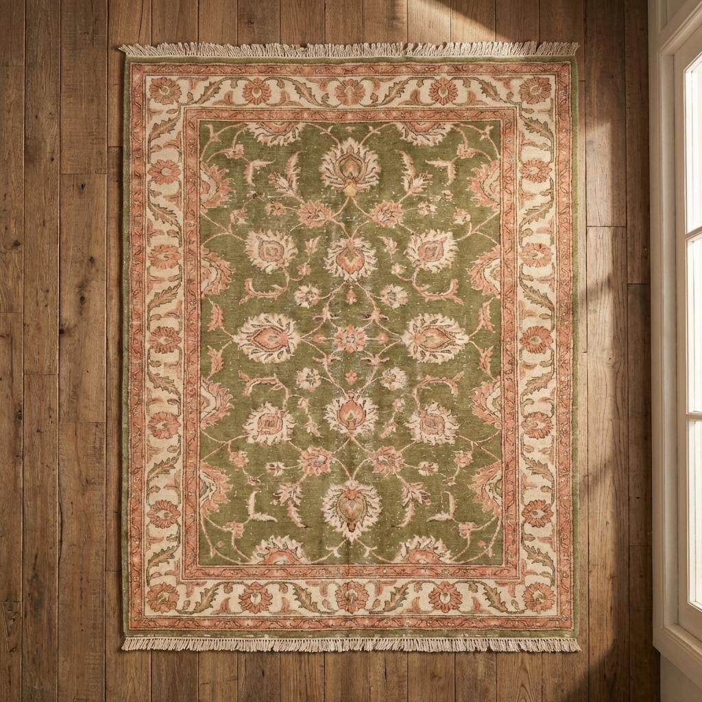 Hand Knotted Oushak Style Wool Rug 8x10, 12x14 Olive Green Floral Area Rug Vintage Indo-Persian Style Living Room Carpet __etsy:7854883243
