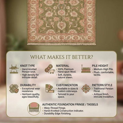 Hand Knotted Oushak Style Wool Rug 8x10, 12x14 Olive Green Floral Area Rug Vintage Indo-Persian Style Living Room Carpet __etsy:7806941946