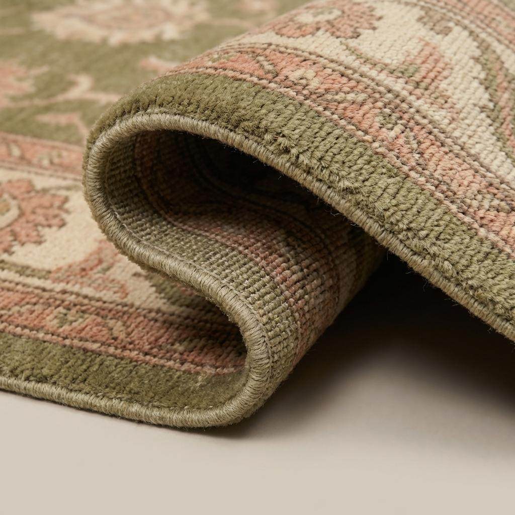 Close up texture of hand knotted wool rug showing individual knots, dense wool pile, and traditional handmade weave structure __etsy:7806941944