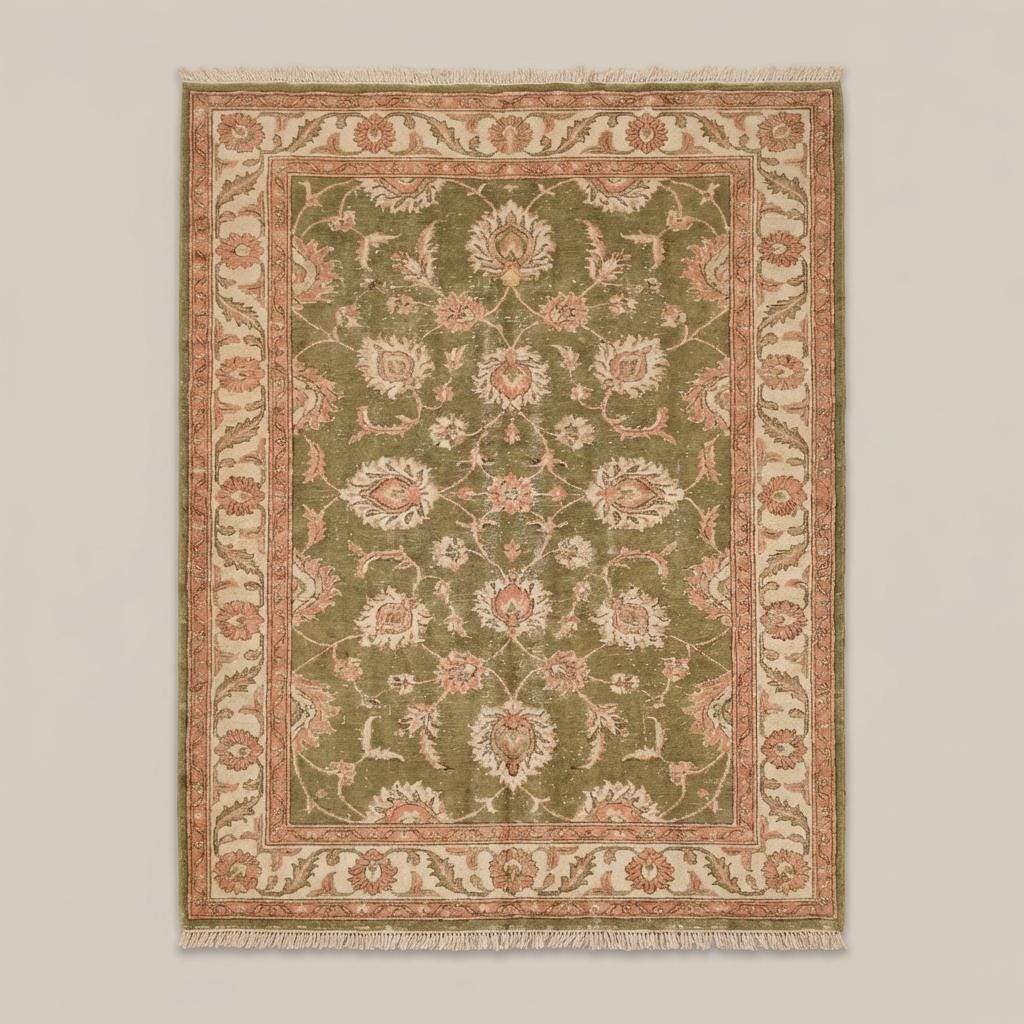 Traditional olive green Persian style hand knotted rug with floral vine motifs and ivory border pattern __etsy:7854883201