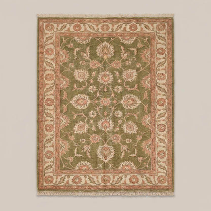 Traditional olive green Persian style hand knotted rug with floral vine motifs and ivory border pattern __etsy:7854883201