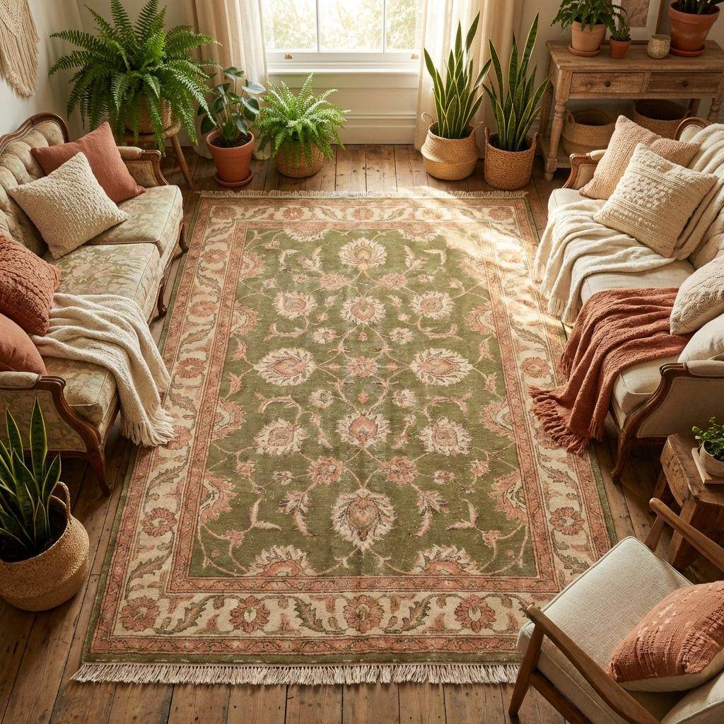 Vintage inspired Oushak style wool rug with olive green field and rust floral medallion motifs __etsy:7854883215