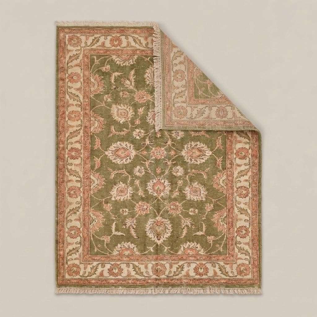 Hand Knotted Oushak Style Wool Rug 8x10, 12x14 Olive Green Floral Area Rug Vintage Indo-Persian Style Living Room Carpet __etsy:7854883235