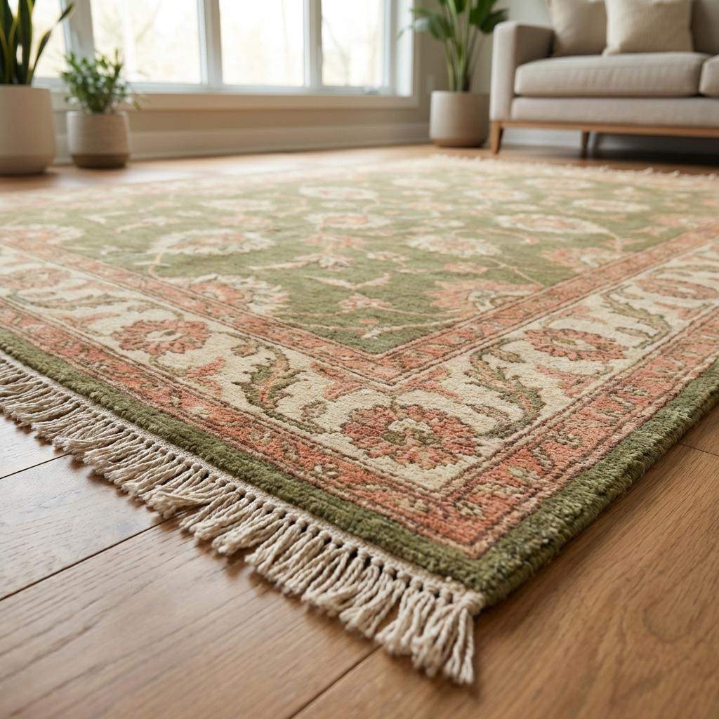 Handmade wool area rug styled in living room interior with wooden floor and accent chair __etsy:7806941920