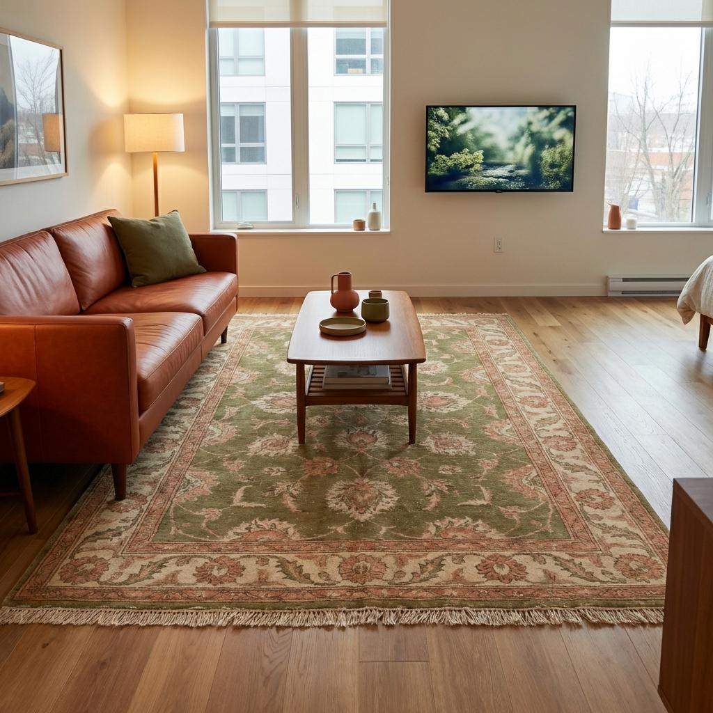 Classic hand knotted oriental style rug featuring floral pattern and muted vintage olive tones __etsy:7806941924