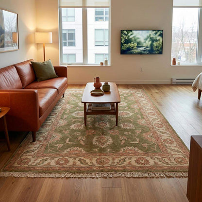 Classic hand knotted oriental style rug featuring floral pattern and muted vintage olive tones __etsy:7806941924