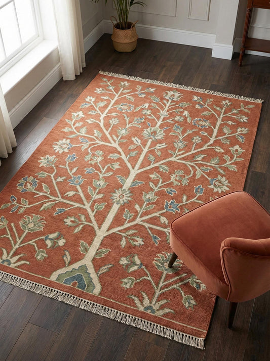 Hand knotted Oushak wool rug with Tree of Life design in terracotta