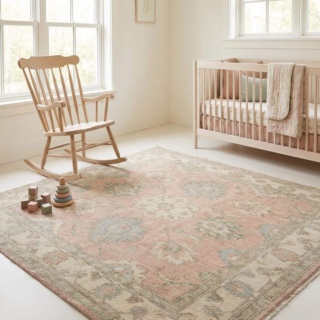 Hand Knotted Oushak Turkish Floral Wool Area Rug Soft Pastel Decor
