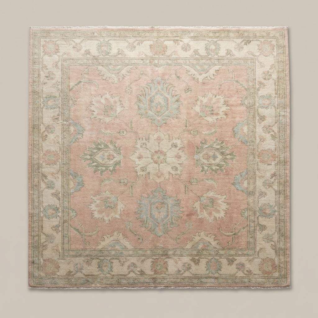 Oushak floral medallion rug detail with classic botanical motifs and symmetrical hand woven design.