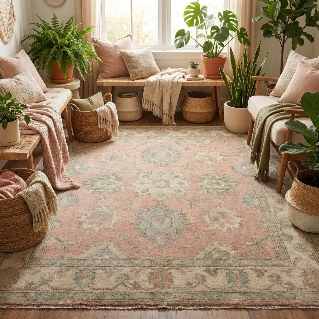 Hand knotted floral area rug styled in a minimal living space, highlighting soft pastel colors and elegant traditional Oushak pattern.