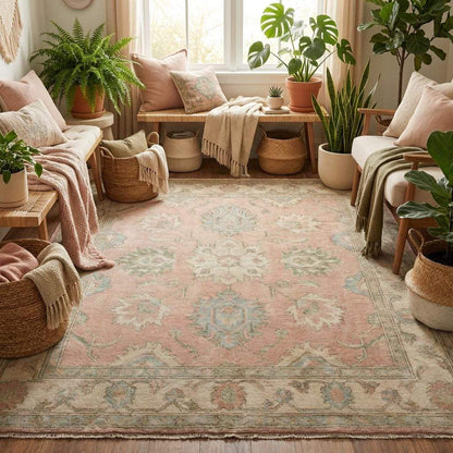 Hand knotted floral area rug styled in a minimal living space, highlighting soft pastel colors and elegant traditional Oushak pattern.