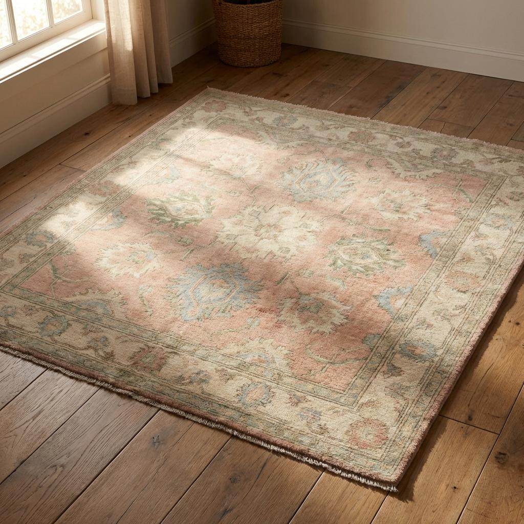 Artisan hand knotted rug craftsmanship showing traditional weaving quality and refined low pile finish.