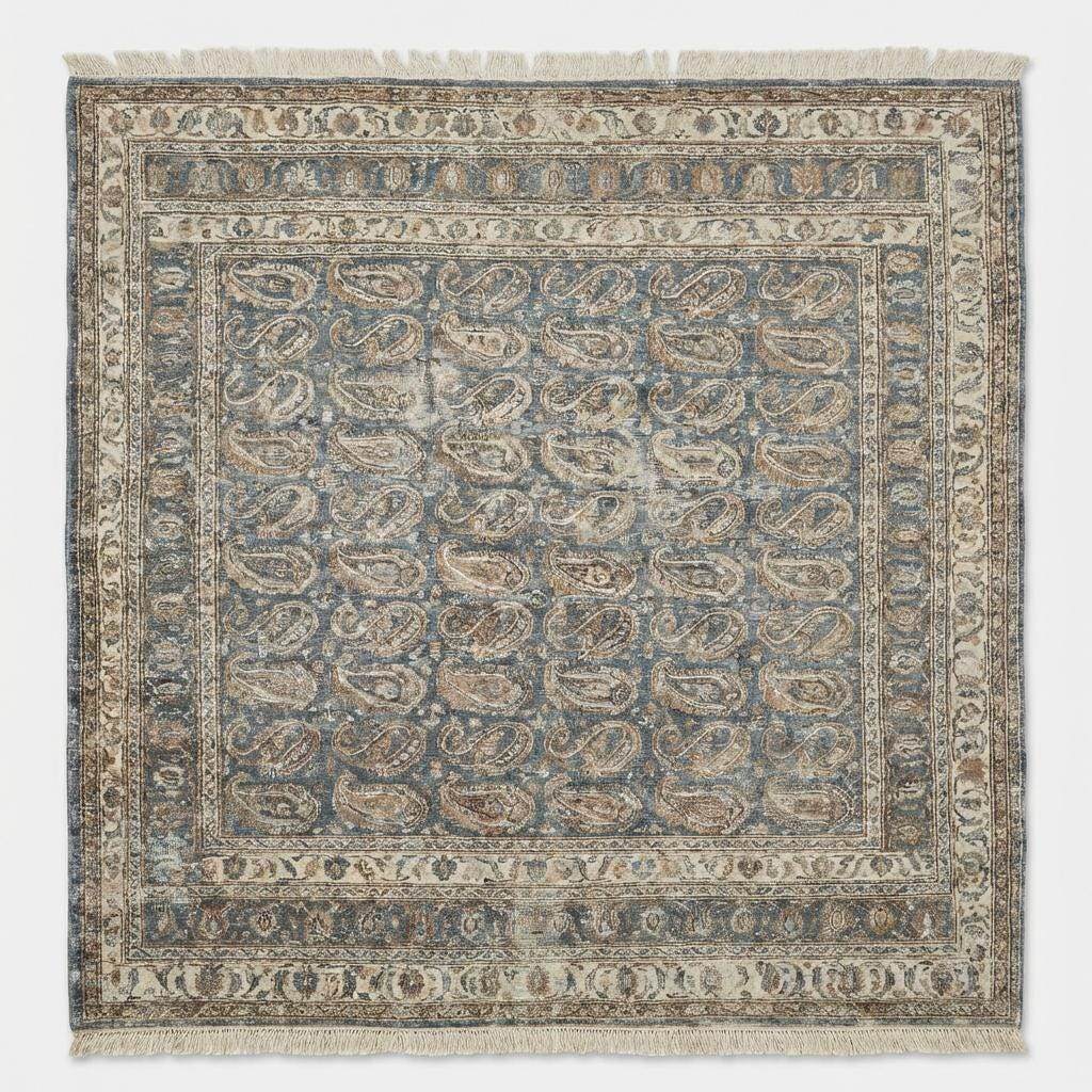 Traditional blue and ivory hand knotted rug with repeating paisley design