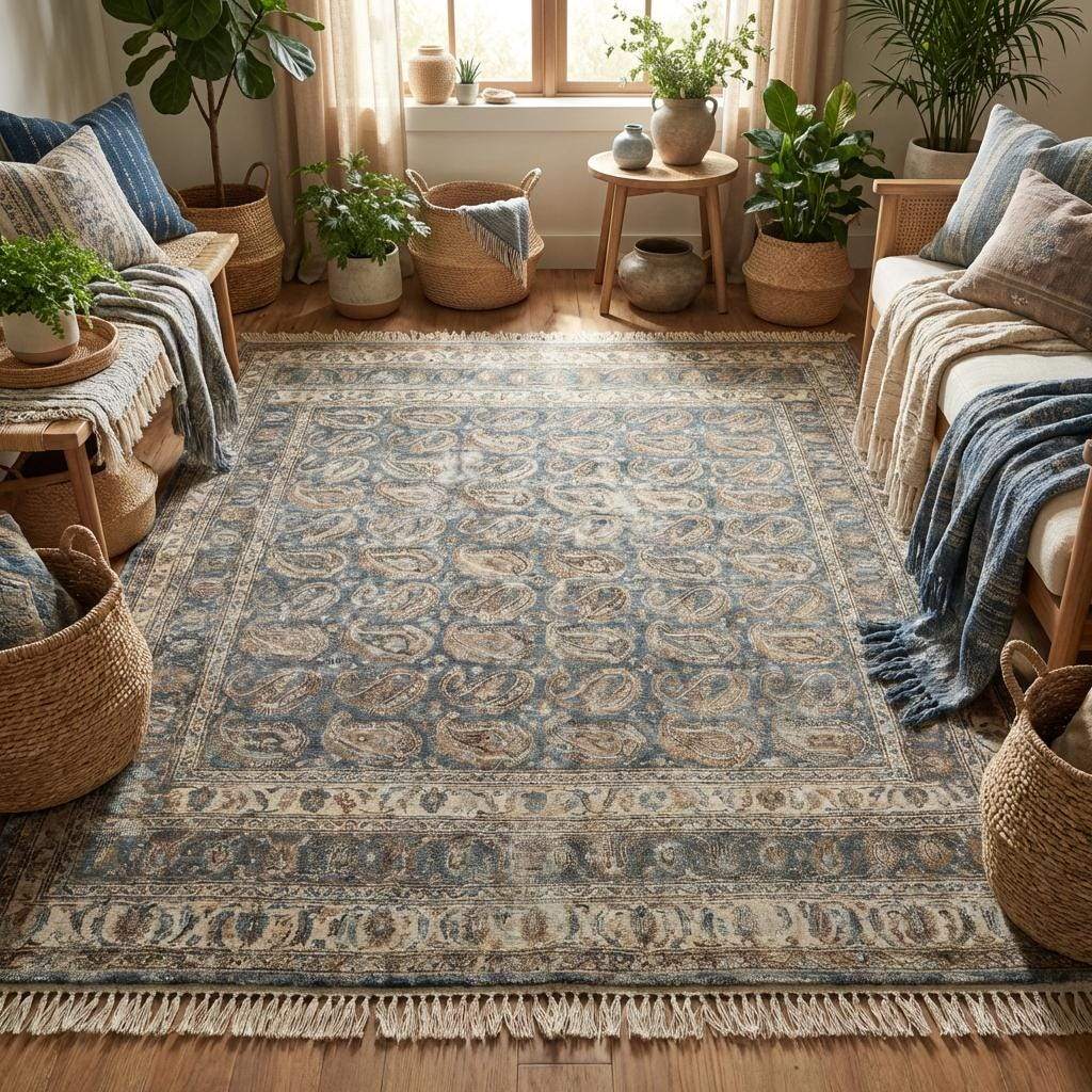 Authentic hand knotted wool rug styled in a classic living room interior
