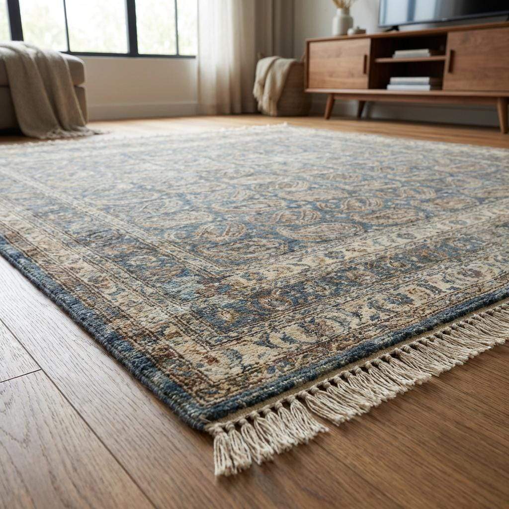 Hand Knotted Oushak Wool Area Rug, Blue Paisley Traditional Living Room Carpet