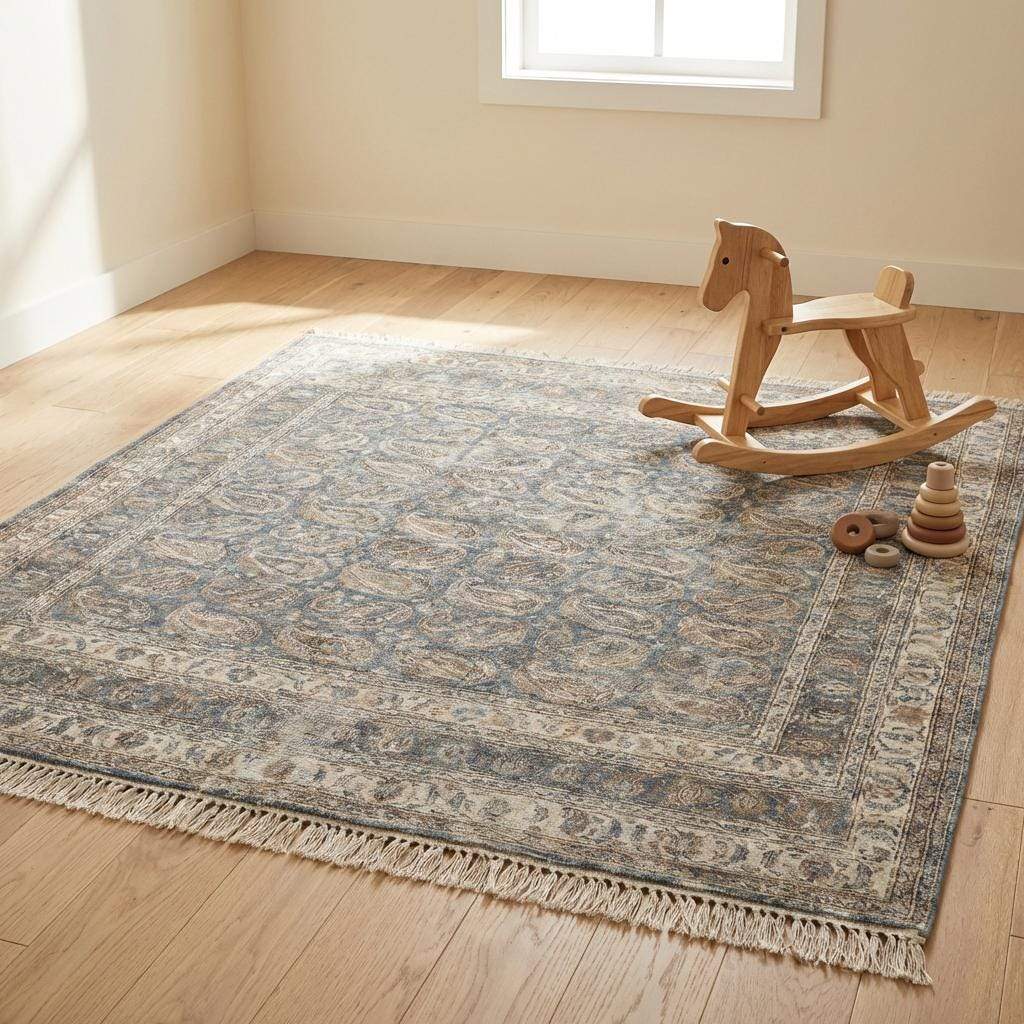 Artisan made wool rug featuring traditional Persian inspired motifs