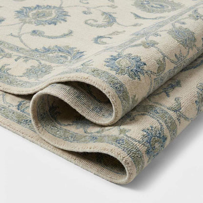 Hand Knotted Oushak Wool Area Rug, Ivory Blue Floral Living Room