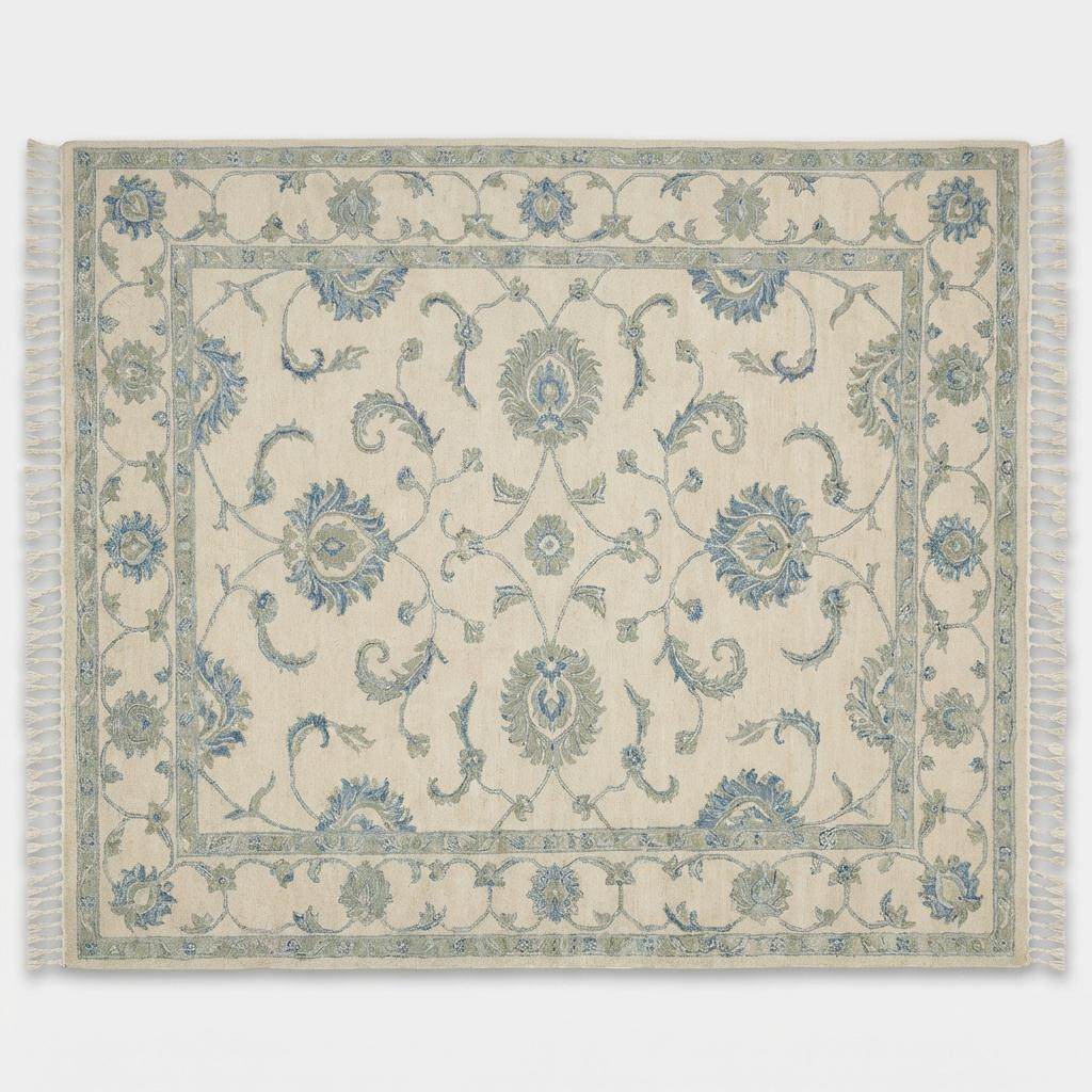 Ivory and blue hand knotted floral rug with traditional Oushak design and decorative border