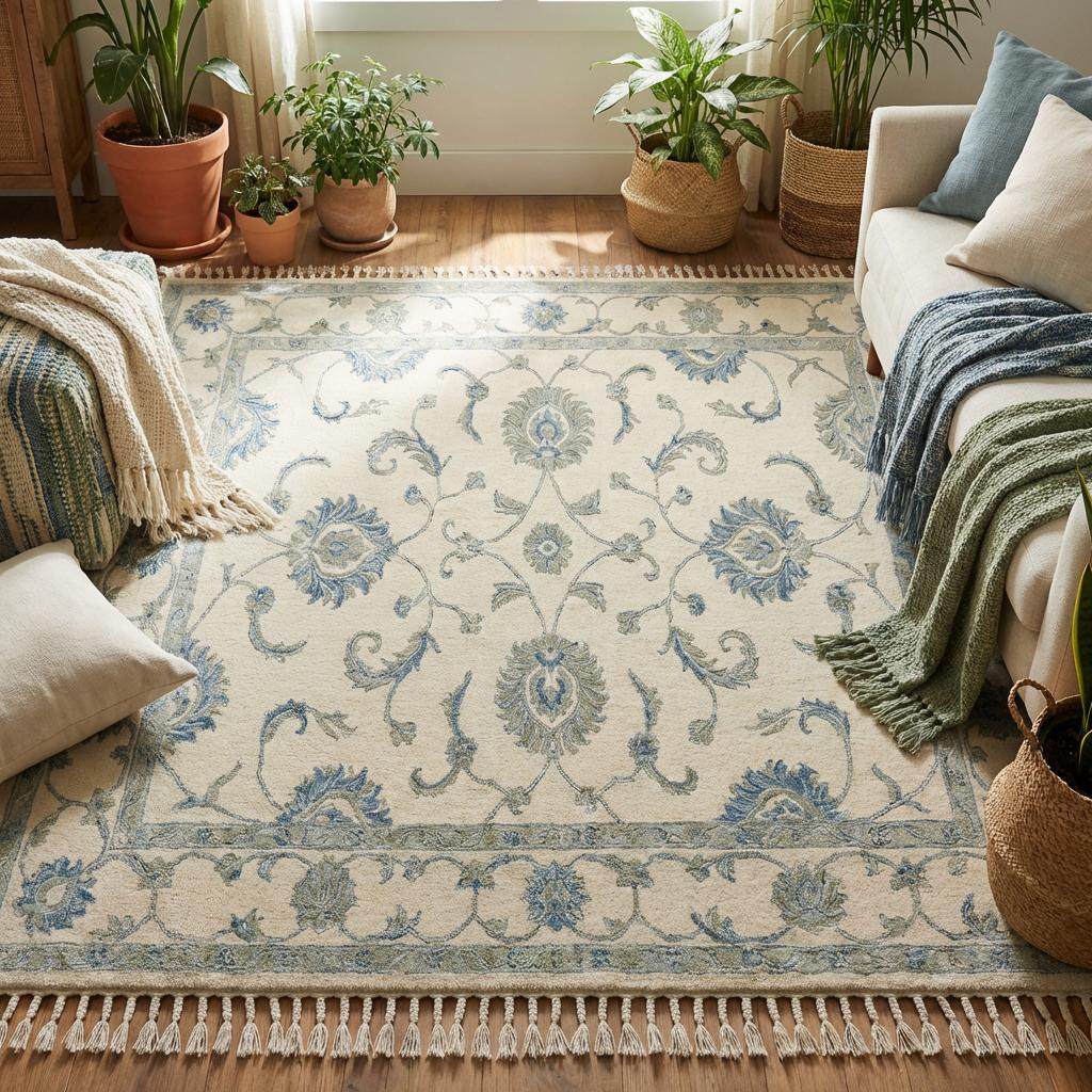 Hand knotted wool area rug with delicate vine motifs and muted blue accents on cream background