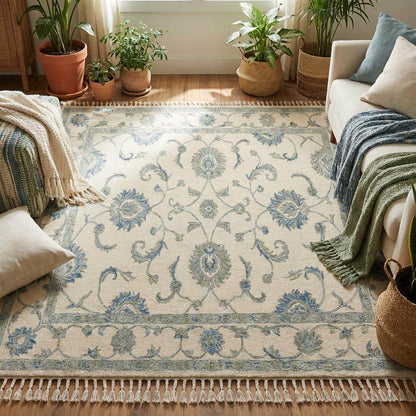 Hand knotted wool area rug with delicate vine motifs and muted blue accents on cream background