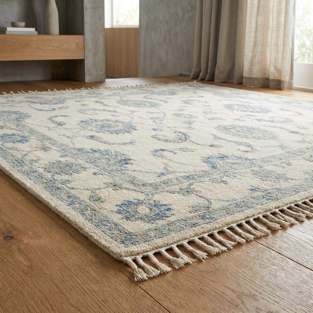 Hand Knotted Oushak Wool Area Rug, Ivory Blue Floral Living Room