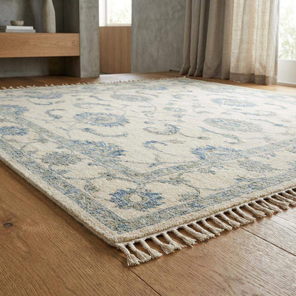 Hand Knotted Oushak Wool Area Rug, Ivory Blue Floral Living Room