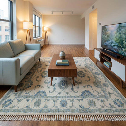 Traditional Oushak style hand knotted rug styled in bright modern living room interior