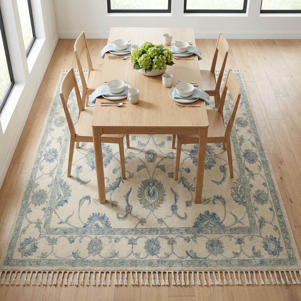 Hand Knotted Oushak Wool Area Rug, Ivory Blue Floral Living Room