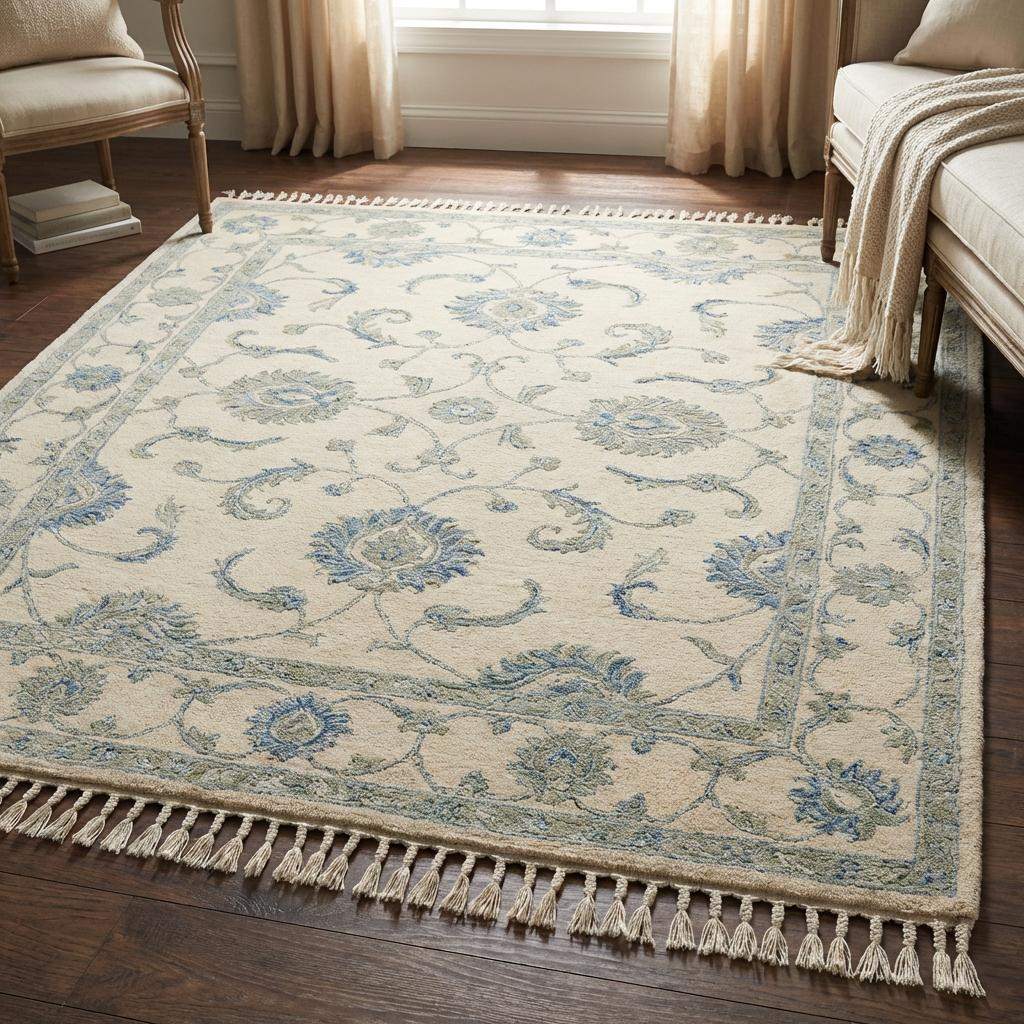 Artisan made hand knotted wool rug featuring classic Persian inspired floral medallions