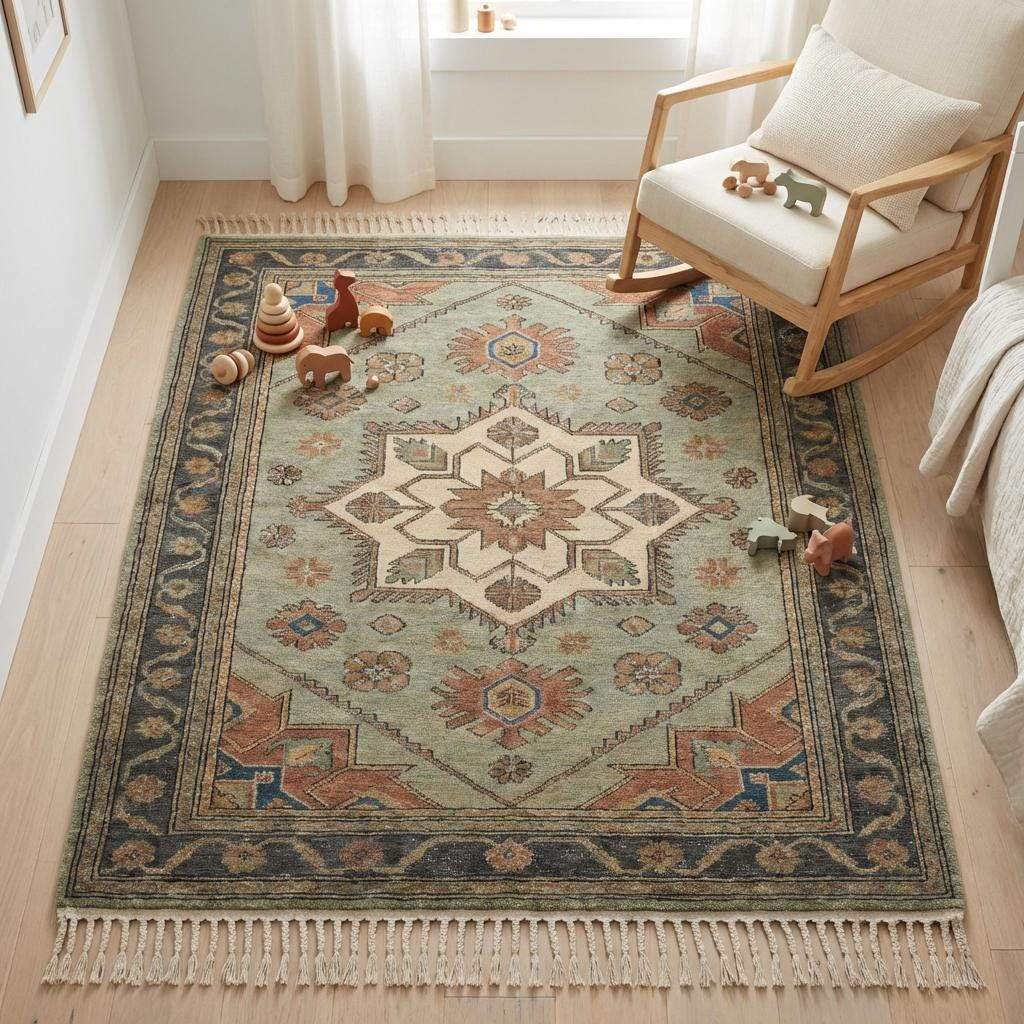 Hand Knotted Oushak Wool Area Rug Sage Green Geometric Medallion